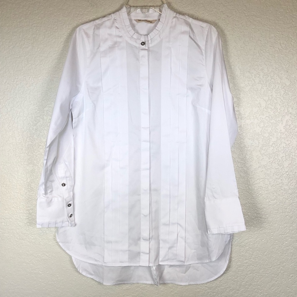 Soft Surroundings White Pleated High Collar Tunic Top Pearl Buttons size Small